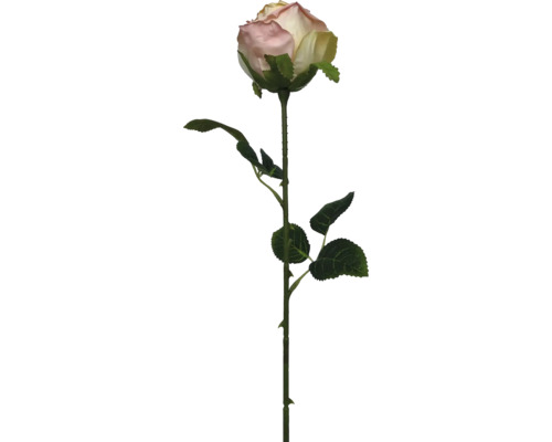 Kunstroos in crème en roze met lange steel en groene bladeren, kunstbloem voor decoratie.