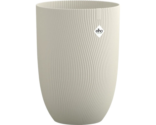 Hoge, ronde plantenpot met golvende ribbelstructuur en Elho Logo.