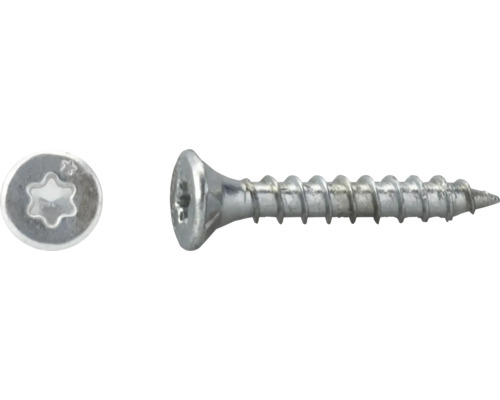 Metalen schroef met verzonken kop en Torx-aandrijving, bovenaanzicht en zijaanzicht met volledige schroefdraad en scherpe punt.