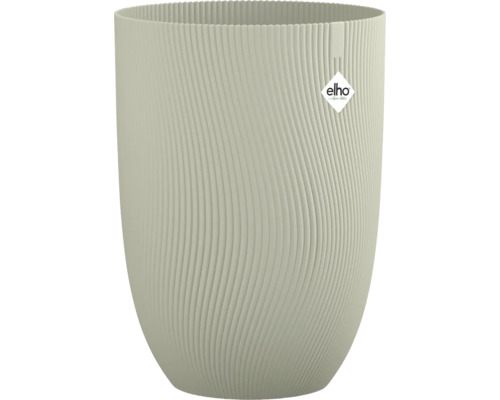 elho kunststof bloempot met golvende verticale ribbelstructuur en elho Logo.