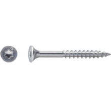 Zilverkleurige houtschroef met verzonken kop en Torx-kop, bovenaanzicht van de kop en zijaanzicht.