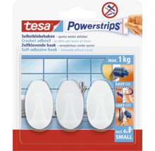 tesa Logo, tesa Powerstrips zelfklevende haken Small, 3 stuks, wit, draagkracht 1 kilogram, zonder boren, spoorloos verwijderbaar.