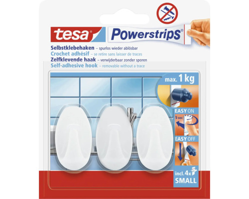 tesa Logo, tesa Powerstrips zelfklevende haken Small, 3 stuks, wit, draagkracht 1 kilogram, zonder boren, spoorloos verwijderbaar.