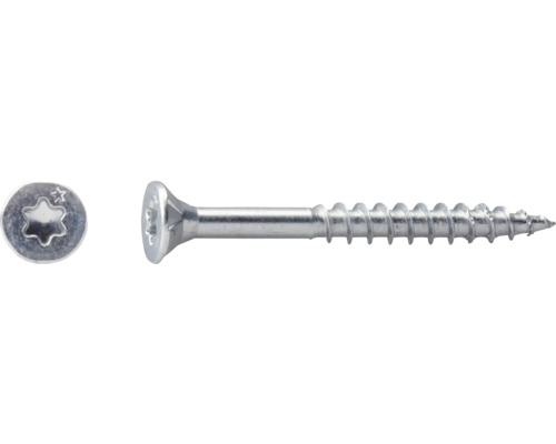 Verzonken schroef met Torx-kop en deeldraad van verzinkt staal, zijaanzicht en bovenaanzicht van de kop.