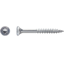 Zilverkleurige metalen houtschroef met verzonken kop, torx-aandrijving en deeldraad, zijaanzicht en bovenaanzicht van de kop.