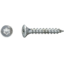 Metalen schroef met verzonken kop en torx-aandrijving, zijaanzicht en bovenaanzicht van de schroefkop.