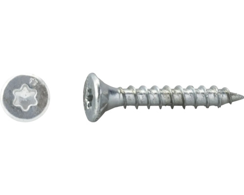 Metalen schroef met verzonken kop en torx-aandrijving, zijaanzicht en bovenaanzicht van de schroefkop.