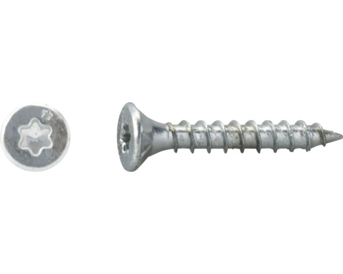 Verzonken schroef van verzinkt staal met Torx-aandrijving, zijaanzicht en bovenaanzicht van de schroefkop.