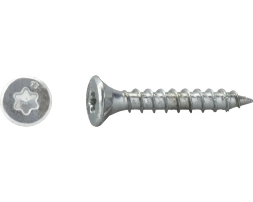 Verzonken schroef met volledige schroefdraad en Torx-aandrijving, zijaanzicht en bovenaanzicht van de kop.