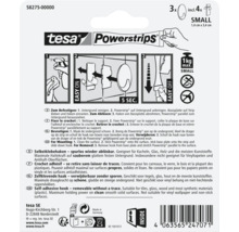 Achterkant verpakking tesa Powerstrips zelfklevende haken Small met instructies voor montage en verwijdering en technische specificaties.