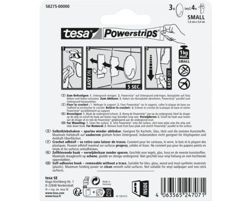 Achterkant verpakking tesa Powerstrips zelfklevende haken Small met instructies voor montage en verwijdering en technische specificaties.