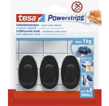 tesa Logo, Powerstrips haak Small, ovaal, zwart, 3 stuks, 4 kleefstrips, draagkracht maximaal 1 kilogram, zonder boren, verwijderbaar zonder sporen.