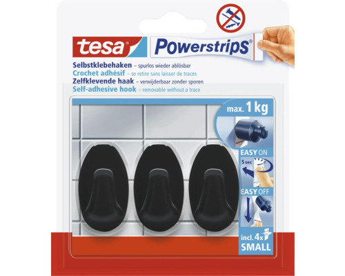 tesa Logo, Powerstrips haak Small, ovaal, zwart, 3 stuks, 4 kleefstrips, draagkracht maximaal 1 kilogram, zonder boren, verwijderbaar zonder sporen.