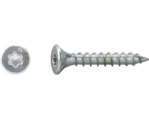 Spaanplaatschroef met verzonken kop en Torx-aandrijving, zijaanzicht en bovenaanzicht van de kop.
