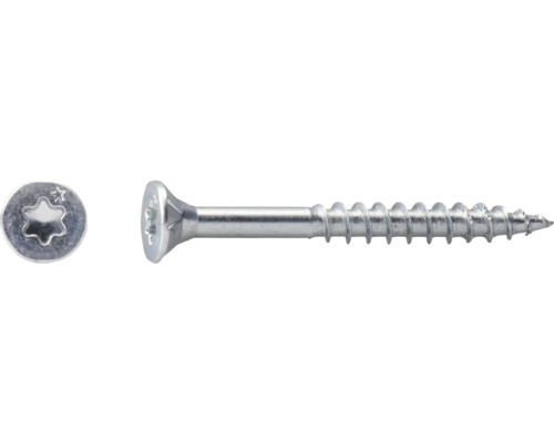 Houtschroef van metaal met verzonken kop, torx-aandrijving en deeldraad.