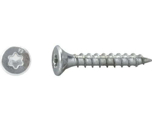 Spaanplaatschroef met verzonken kop en Torx-aandrijving, zij- en bovenaanzicht.