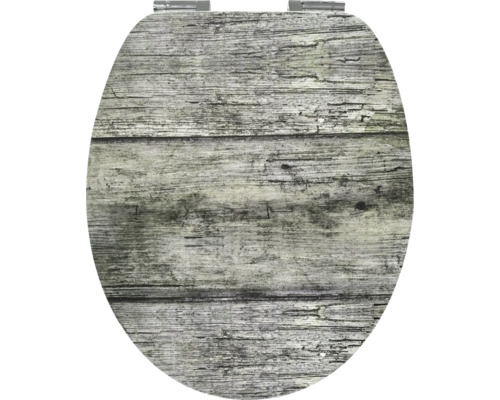 Toiletzitting van MDF met rustiek houtdecor en metalen scharnieren.