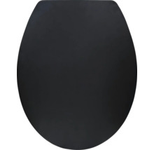 Toiletzitting in zwart, ovale vorm, gesloten deksel.