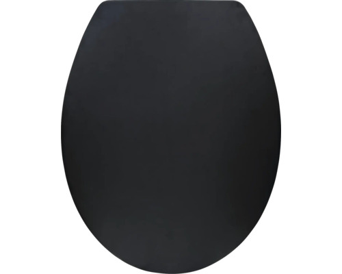 Toiletzitting in zwart, ovale vorm, gesloten deksel.
