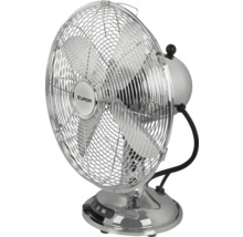 Eurom tafelventilator van verchroomd metaal met beschermrooster en stabiele voet.