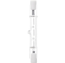 Halogeenstaaf van helder glas met zichtbare gloeidraad en keramische voeten.