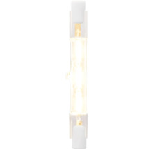 Halogeenstaaf R7s van helder glas met warm wit licht.