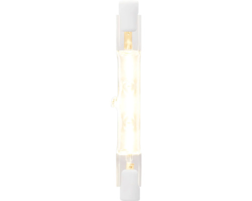 Halogeenstaaf R7s van helder glas met warm wit licht.