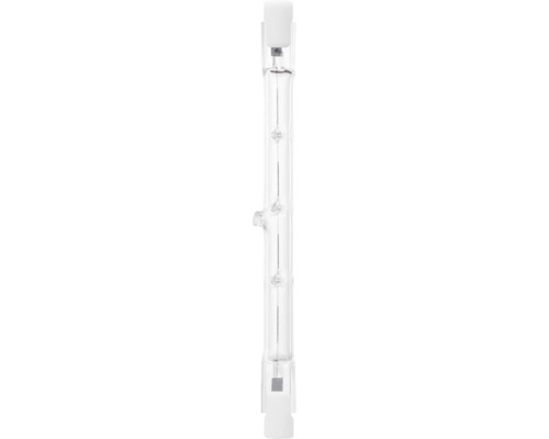Halogeenlamp in staafvorm met R7s-fitting en transparant glazen omhulsel met zichtbare gloeidraad.
