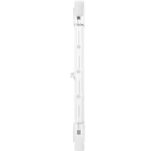Lineaire halogeenlamp van helder glas met zichtbare gloeidraad en witte keramische uiteinden.