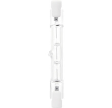 Halogeenstaaf lamp van glas met zichtbare gloeidraad.