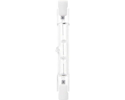 Halogeenstaaf lamp van glas met zichtbare gloeidraad.