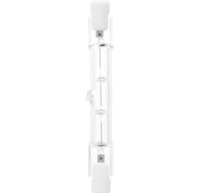 Lineaire halogeenlamp van helder glas met R7s-fitting en zichtbaar gloeispiraal.
