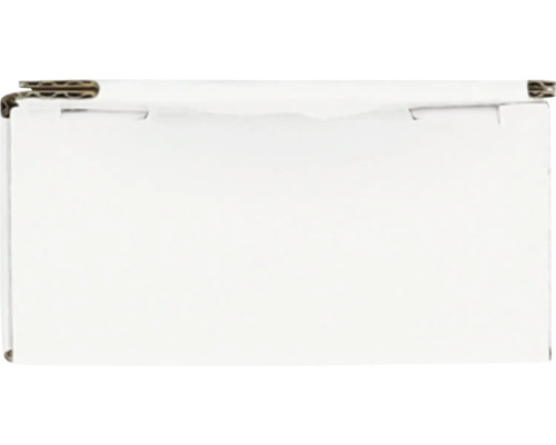 Witte kartonnen doos van golfkarton, zijaanzicht met sluiting aan de bovenzijde.