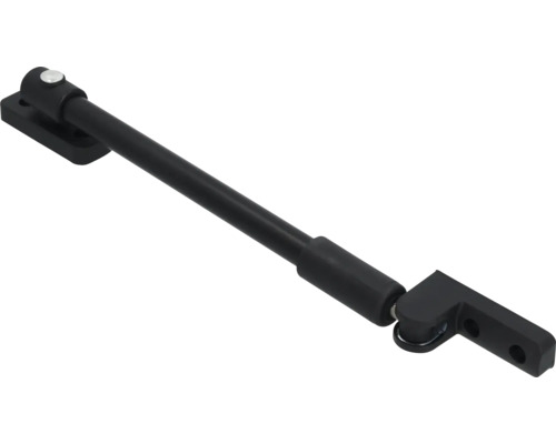 Zwarte metalen raamuitzetter met twee bevestigingselementen.