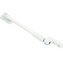 Telescopische raamuitzetter van metaal met bevestigingsplaten.