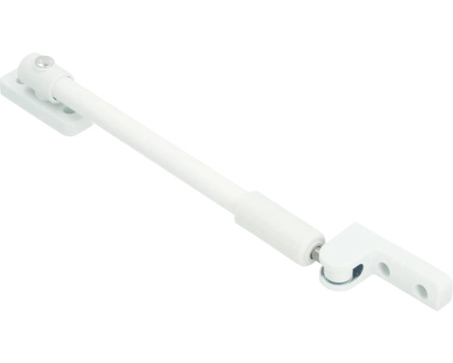 Telescopische raamuitzetter van metaal met bevestigingsplaten.