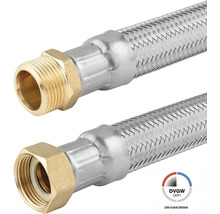Flexibele pantser-aansluitslang met roestvrij staal vlechtwerk, buitendraad en binnendraad van messing, DVGW-gecertificeerd.
