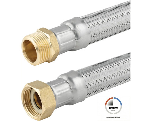 Flexibele pantser-aansluitslang met roestvrij staal vlechtwerk, buitendraad en binnendraad van messing, DVGW-gecertificeerd.
