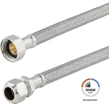 Flexibele gepantserde slang van roestvrij staal met wartelmoer en knelkoppeling, DVGW-gecertificeerd.
