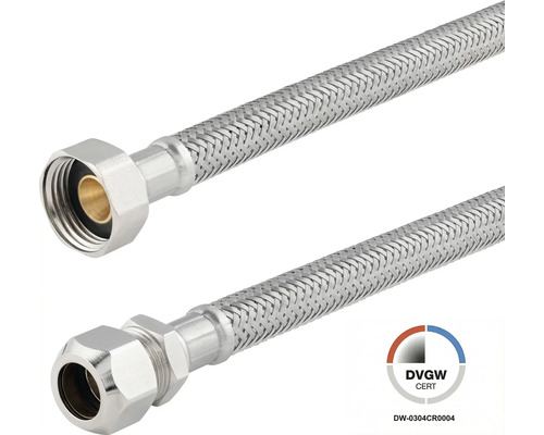 Flexibele gepantserde slang van roestvrij staal met wartelmoer en knelkoppeling, DVGW-gecertificeerd.