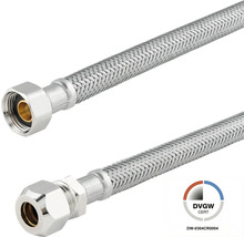 Flexibele aansluitslang van roestvrij staal met wartelmoer en knelkoppeling, DVGW-gecertificeerd.