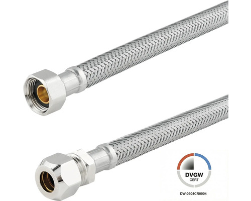 Flexibele aansluitslang van roestvrij staal met wartelmoer en knelkoppeling, DVGW-gecertificeerd.