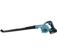 Makita accu-bladblazer met 18 Volt accu en lange zwarte blaasbuis.