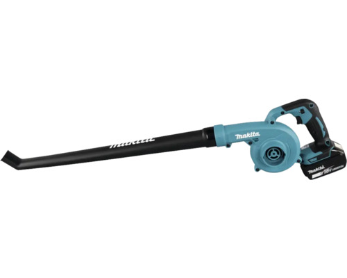 Makita accu-bladblazer met 18 Volt accu en lange zwarte blaasbuis.