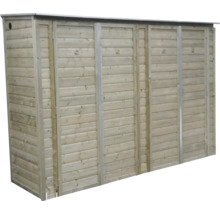 Houten kliko-ombouw voor vier afvalcontainers met horizontale planken.