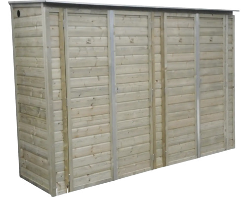 Houten kliko-ombouw voor vier afvalcontainers met horizontale planken.