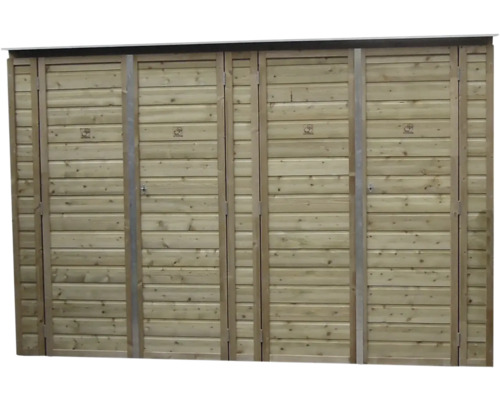 Houten vuilnisbakombouw voor vier containers met horizontale lamellen en vier deuren.