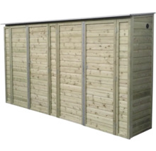 Houten containerombouw voor vier afvalcontainers met horizontale latten en plat dak.