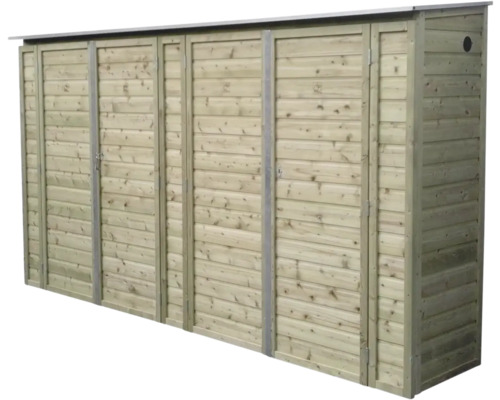 Houten containerombouw voor vier afvalcontainers met horizontale latten en plat dak.