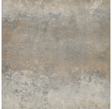 Vierkante vloertegel met steenlook en een gestructureerd oppervlak in grijs en beige.